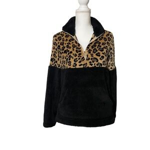 Leopard Print and Black Quarter Zip Fleece Jacket, Stylish and Comfortable, Sz M